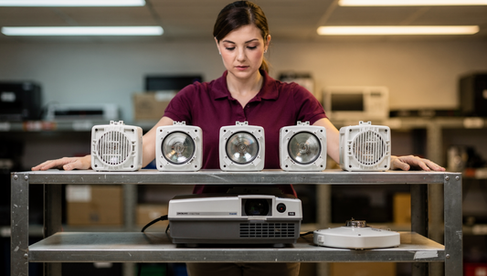 Five projector lamp modules resting in a row on a shelf in a school AV storeroom with an older projector below