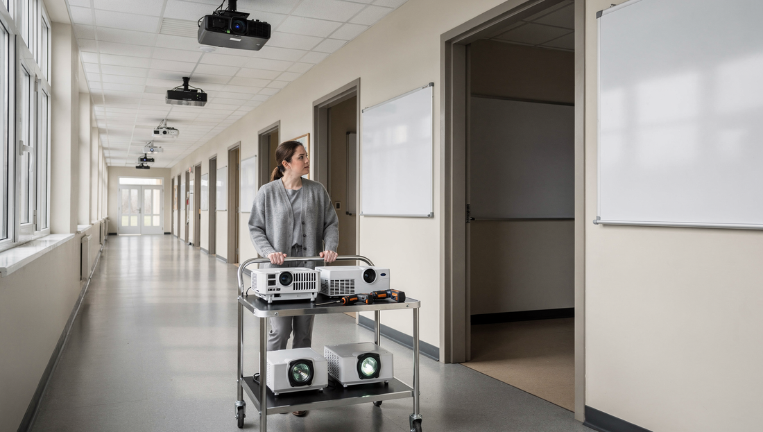 A school corridor of open classroom doors with ceiling-mounted projectors of different ages receding into the distance, a maintenance trolley in the foreground