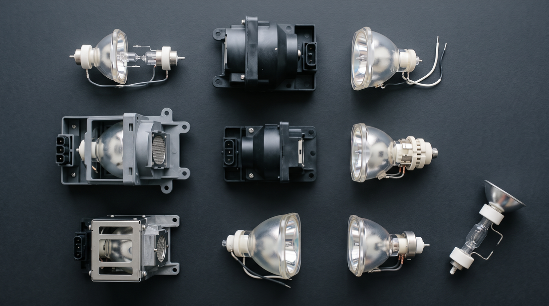 Nine projector lamp assemblies laid out in a grid, bare burners and complete modules