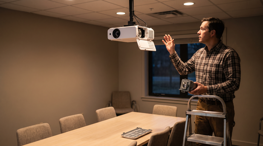 Technician at a ceiling-mounted projector with the lamp access door removed