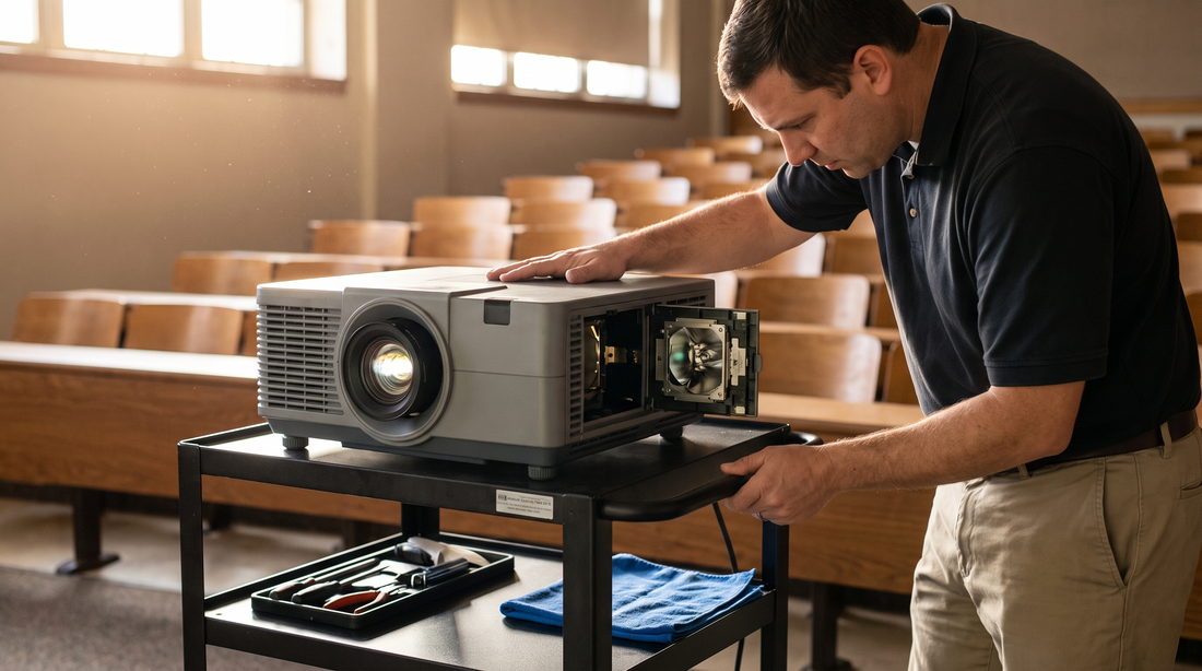 AV technician opening the lamp bay of an institutional projector on an AV cart