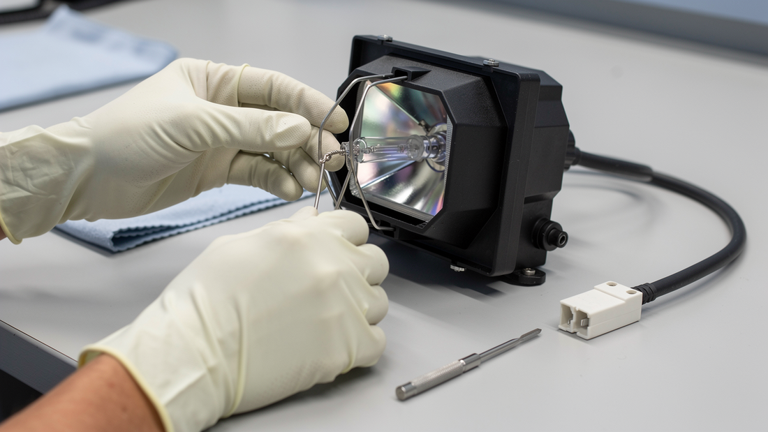 Gloved hands fitting a bare quartz burner into an empty projector lamp housing