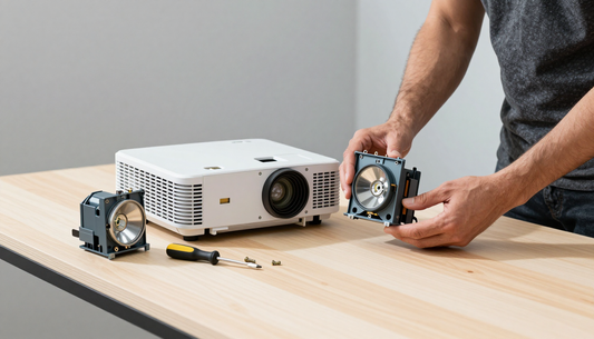 AV technician holding a projector lamp module above the open lamp bay of a white BenQ projector