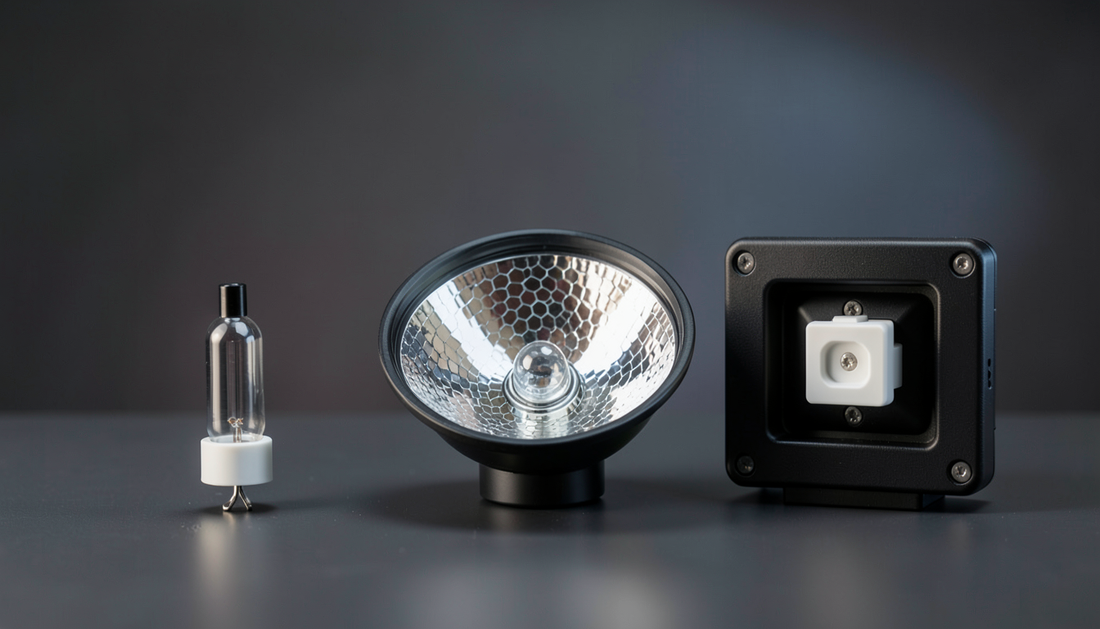 Three projector lamp components on a dark studio surface: a bare arc capsule, a capsule in a reflector, and a complete caged module