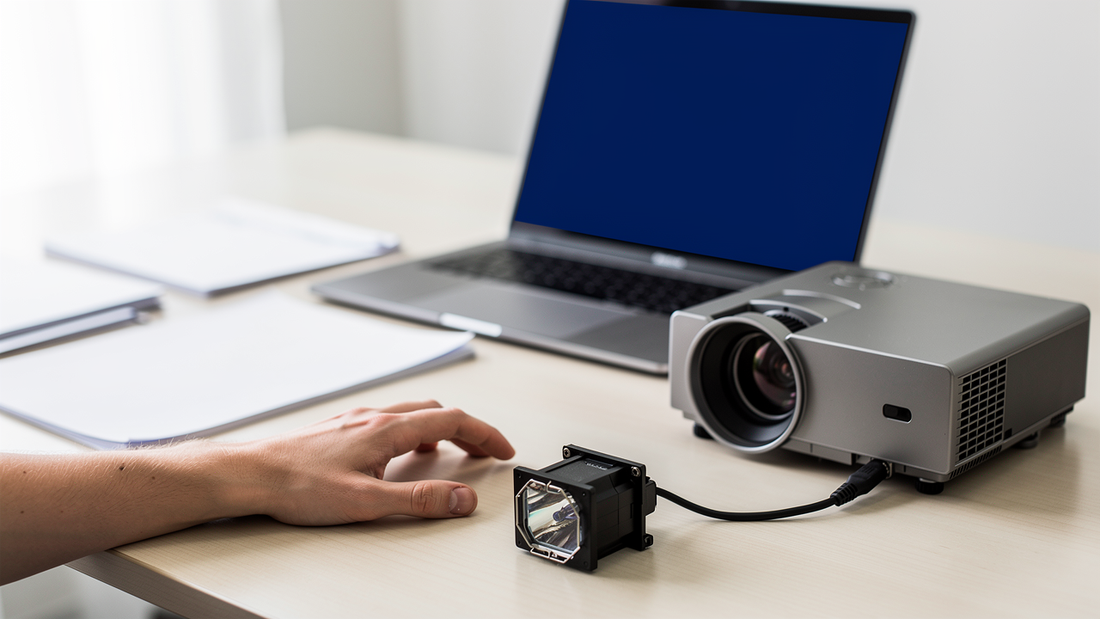 Projector, lamp module and laptop on a desk while checking a lamp order