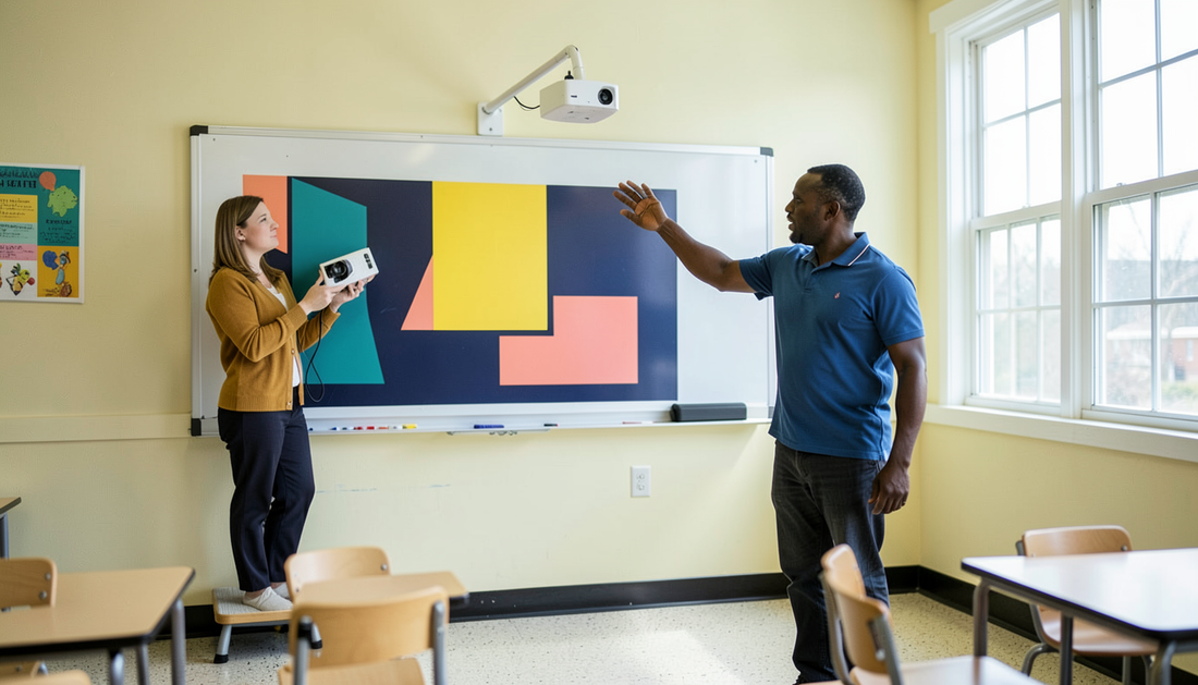 A classroom with a short-throw projector on a wall arm above an interactive whiteboard showing coloured geometric blocks