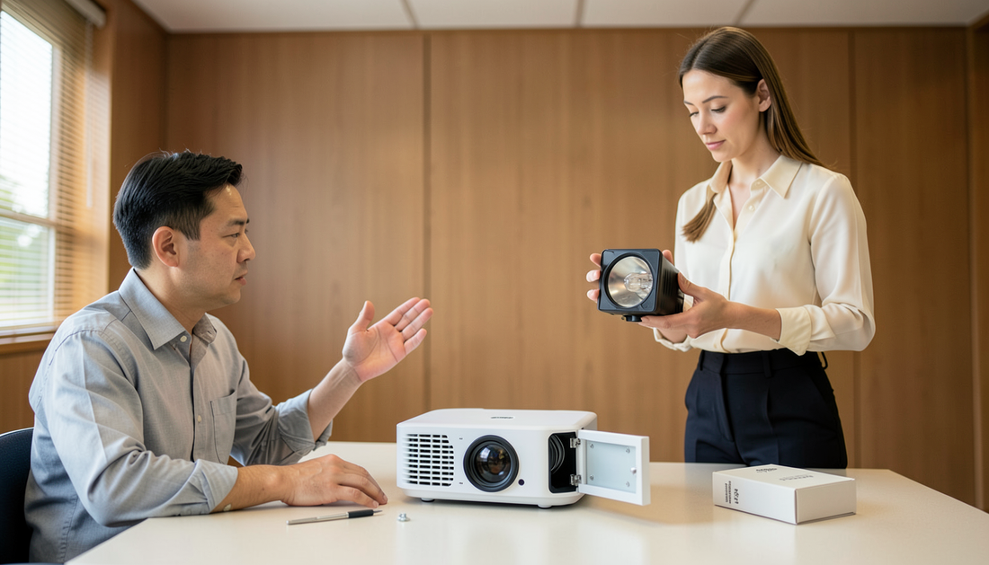 A woman fitting a projector lamp module into a white tabletop projector with its side lamp door open in a meeting room