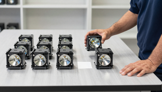 Parts technician comparing two rows of matching projector lamp modules laid out on a workbench
