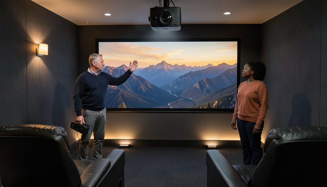 A home theatre room with a large screen showing a mountain valley at golden hour and a man gesturing toward it