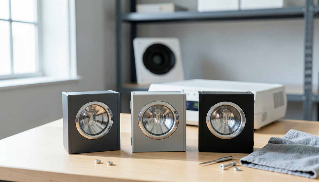 Three projector lamp modules of different shapes on a workbench with a projector behind them