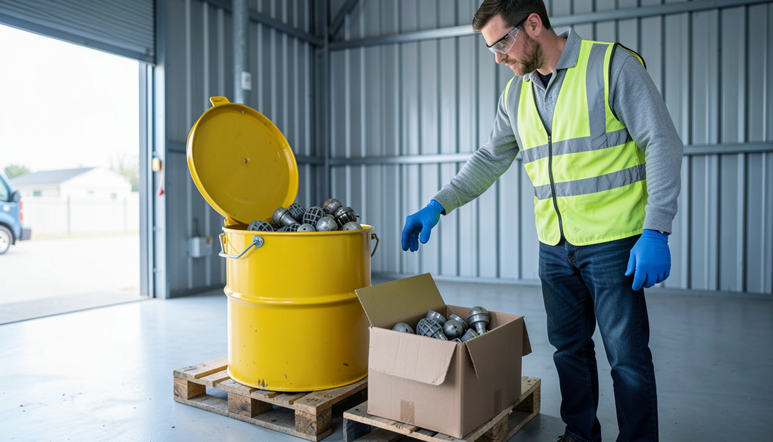 Recycling depot worker in gloves and safety glasses placing spent projector lamp modules into a yellow hazardous waste collection drum