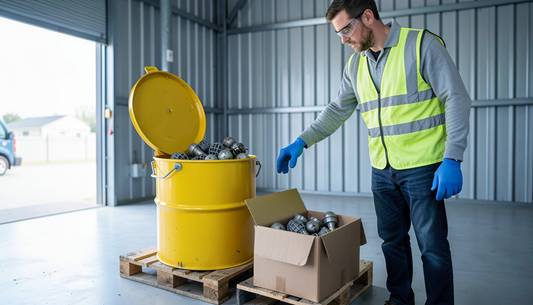 Recycling depot worker in gloves and safety glasses placing spent projector lamp modules into a yellow hazardous waste collection drum