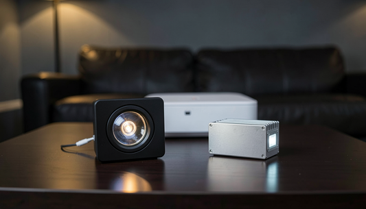 Conventional projector lamp module with glass reflector beside a finned LED light-engine module on a home theatre table