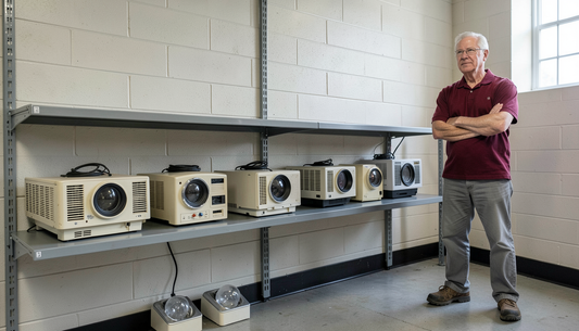 Row of older beige projectors on shelving in a school district AV storage room
