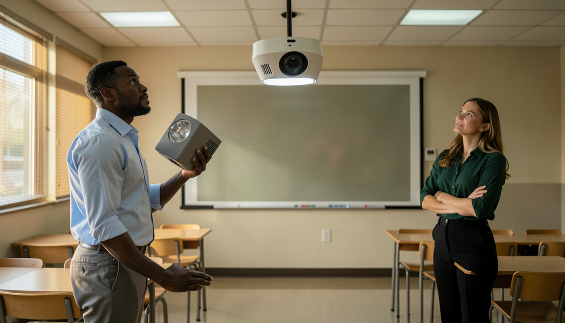 Teacher holding a projector lamp module beneath a ceiling projector casting a dim washed-out image on a classroom screen