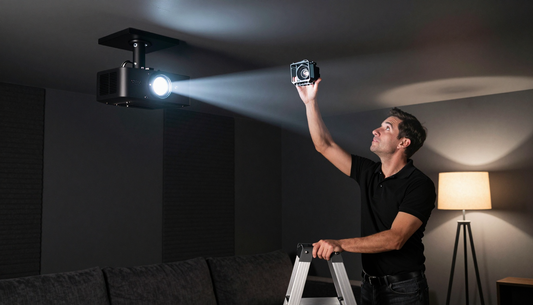 Technician on a step ladder holding a replacement lamp module up to a ceiling-mounted projector in a home theatre