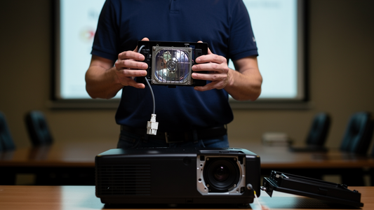 Technician holding a projector lamp module beside a projector with its lamp bay open