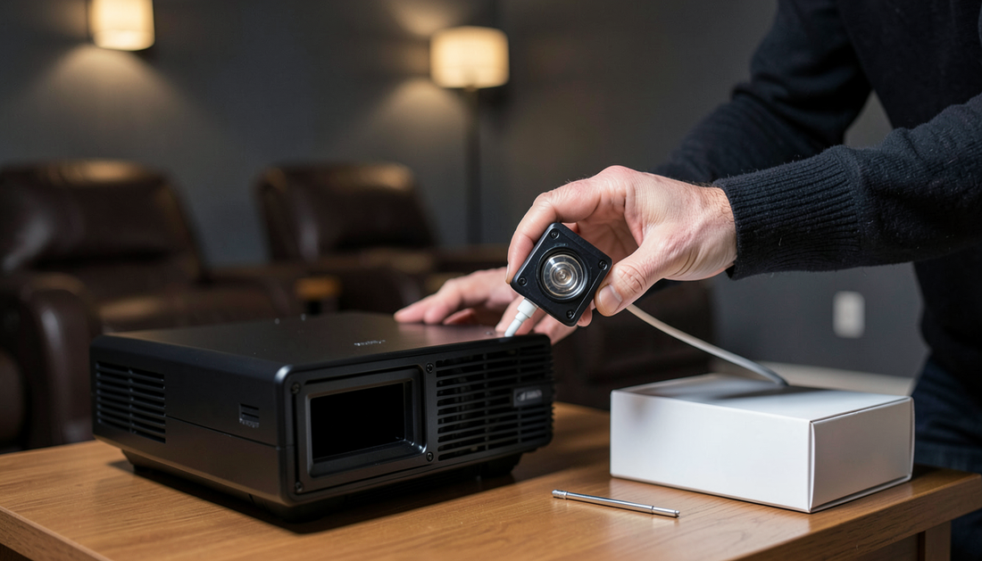 Hands lowering a compact Sony LMP-series replacement lamp module into the open lamp bay of a black home cinema projector on a side table