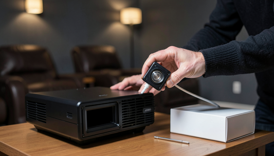 Hands lowering a compact Sony LMP-series replacement lamp module into the open lamp bay of a black home cinema projector on a side table