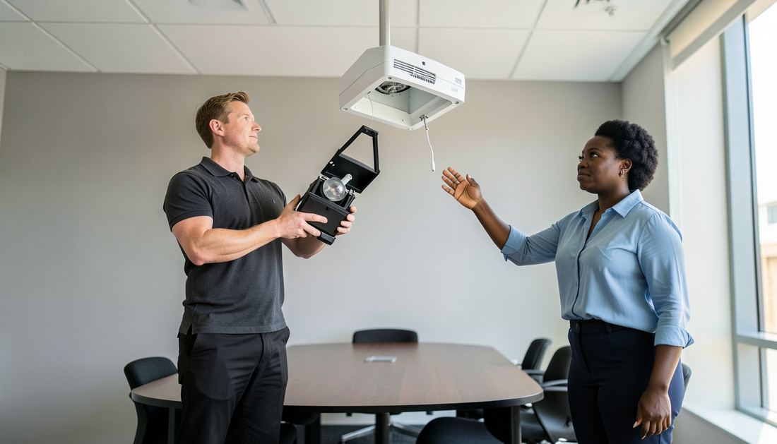 A technician holding a projector lamp module up to a ceiling-mounted projector with its lamp hatch open in a meeting room
