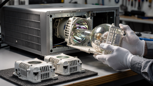 A large-venue projector on a workbench with its lamp door open and a lamp module being withdrawn, two more modules resting on foam