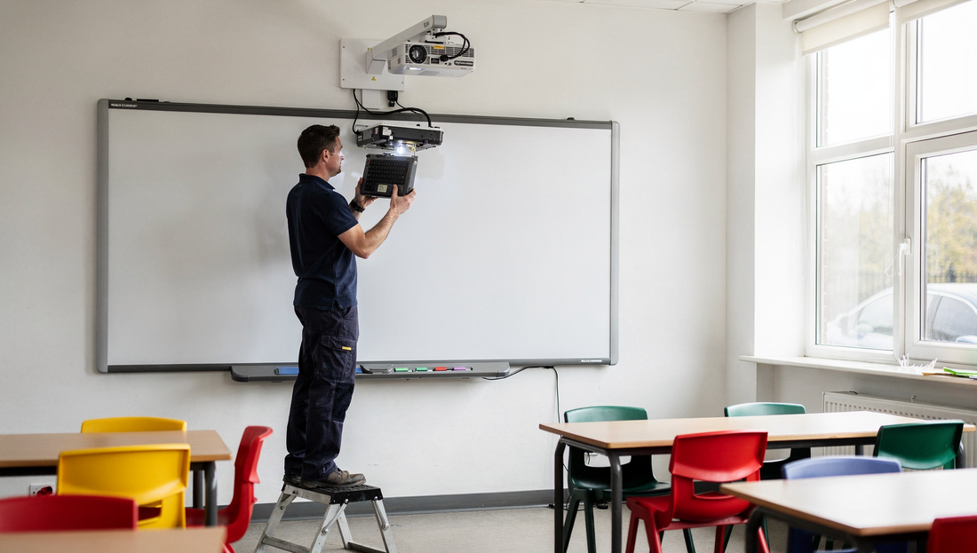 A technician on a step platform servicing a short-throw projector mounted on an arm above a classroom interactive whiteboard